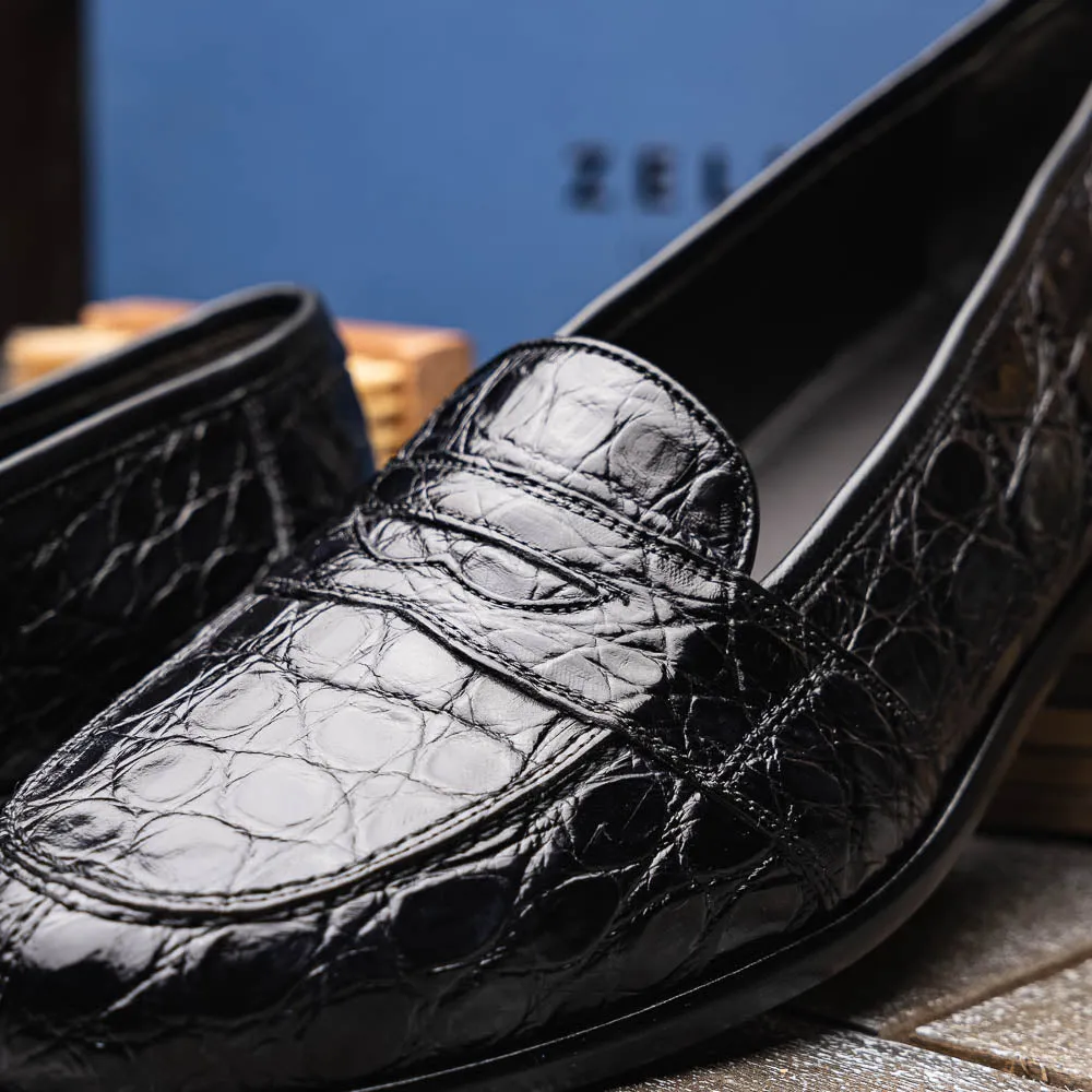 11-119-BKM (BLK) TUSCANY Crocodile Penny Loafer, Black