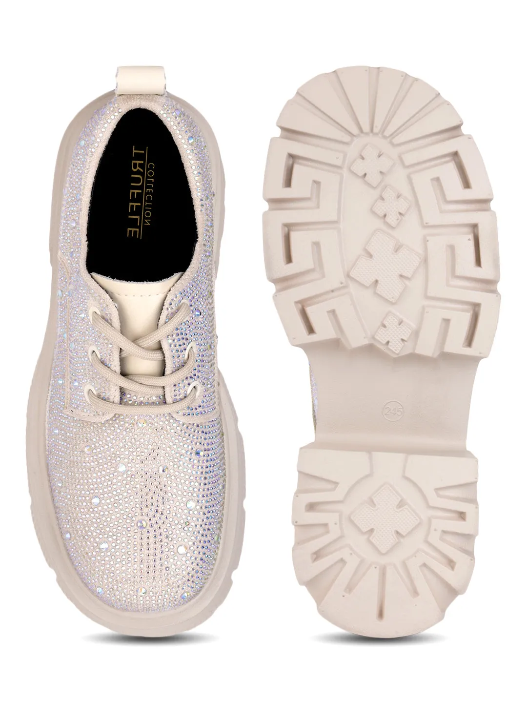 Beige Diamante Embellished Lace-Up Sneakers (TC-RS3640-BEIG)