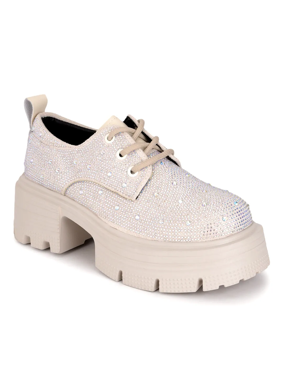 Beige Diamante Embellished Lace-Up Sneakers (TC-RS3640-BEIG)