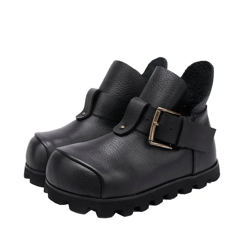 Big Toe Mori Style Ankle Booties For Women Brush-Off Leather Buckle Boots in Coffee/Black