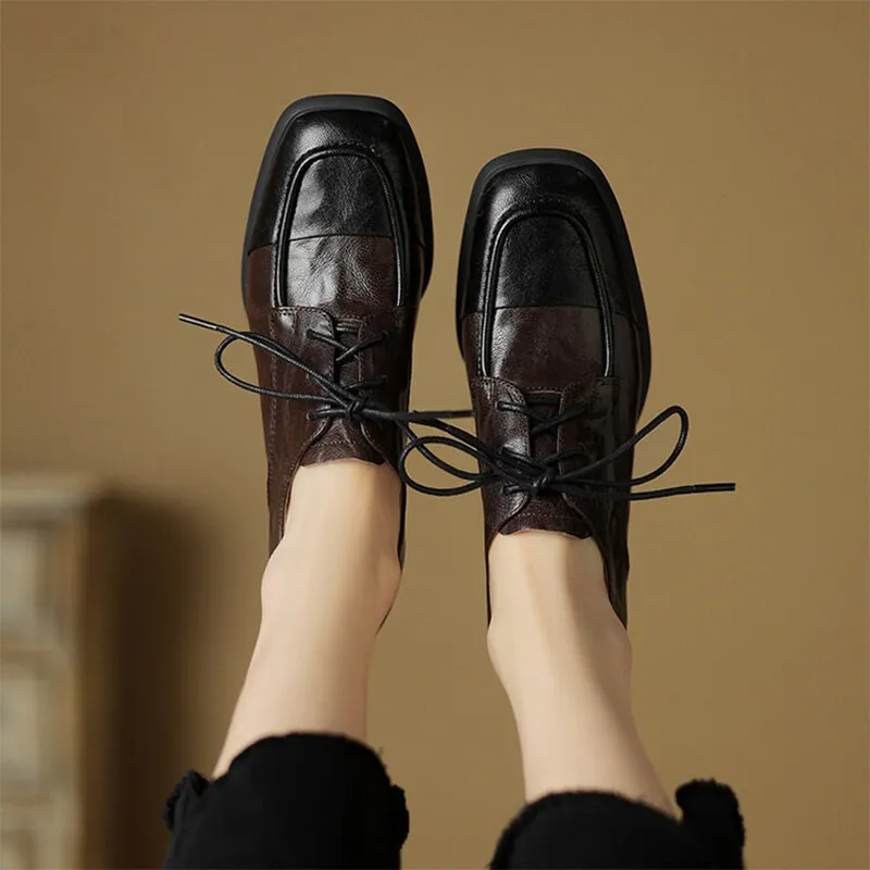 British Style Sheepskin Oxfords & Tie Shoes For Women Block Heels in Coffee/Black