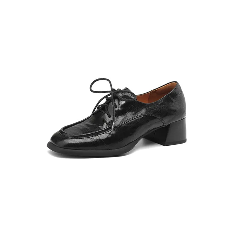 British Style Sheepskin Oxfords & Tie Shoes For Women Block Heels in Coffee/Black