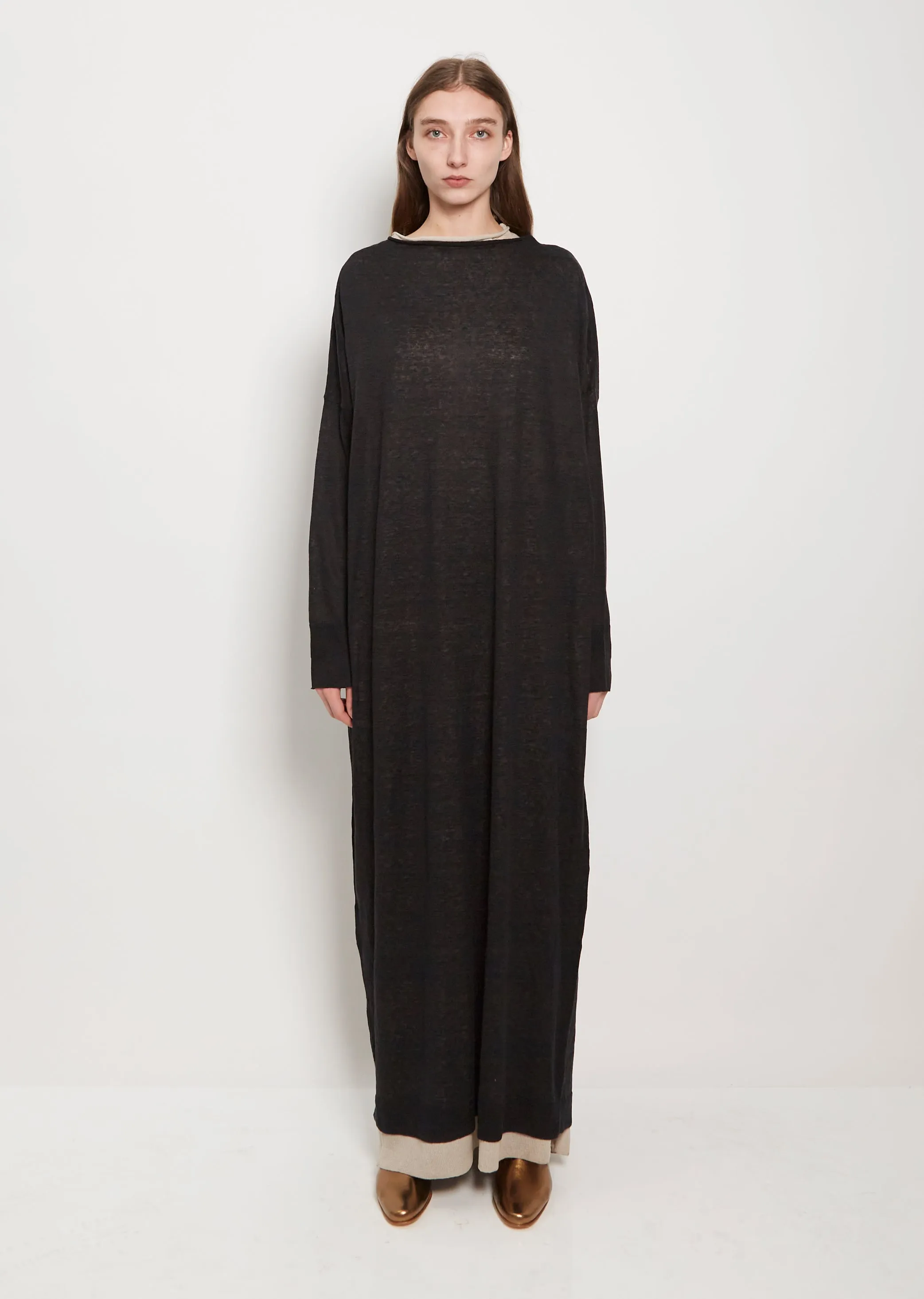 Chunky Boatneck Linen Blend Dress — Oyster/Black