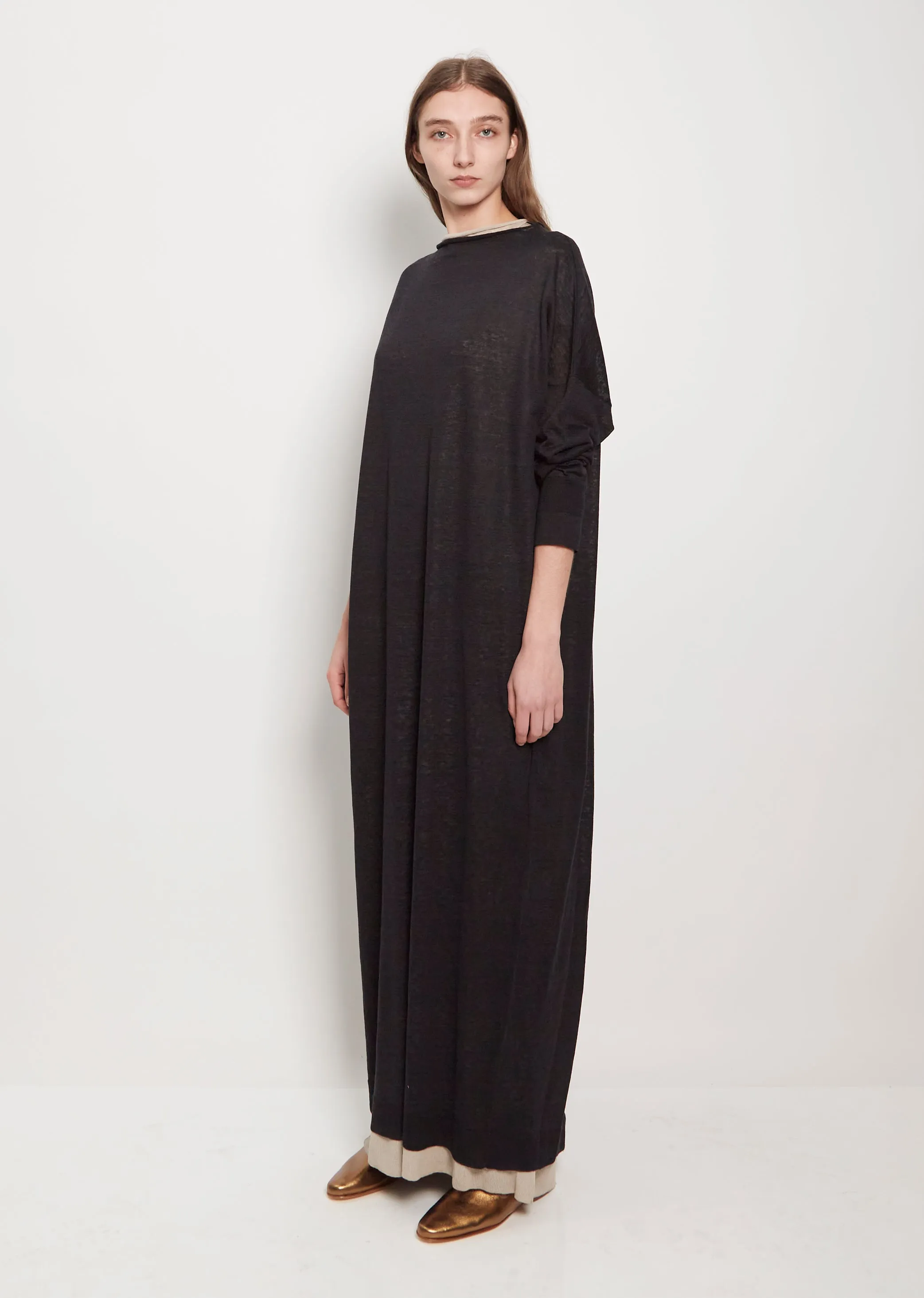 Chunky Boatneck Linen Blend Dress — Oyster/Black