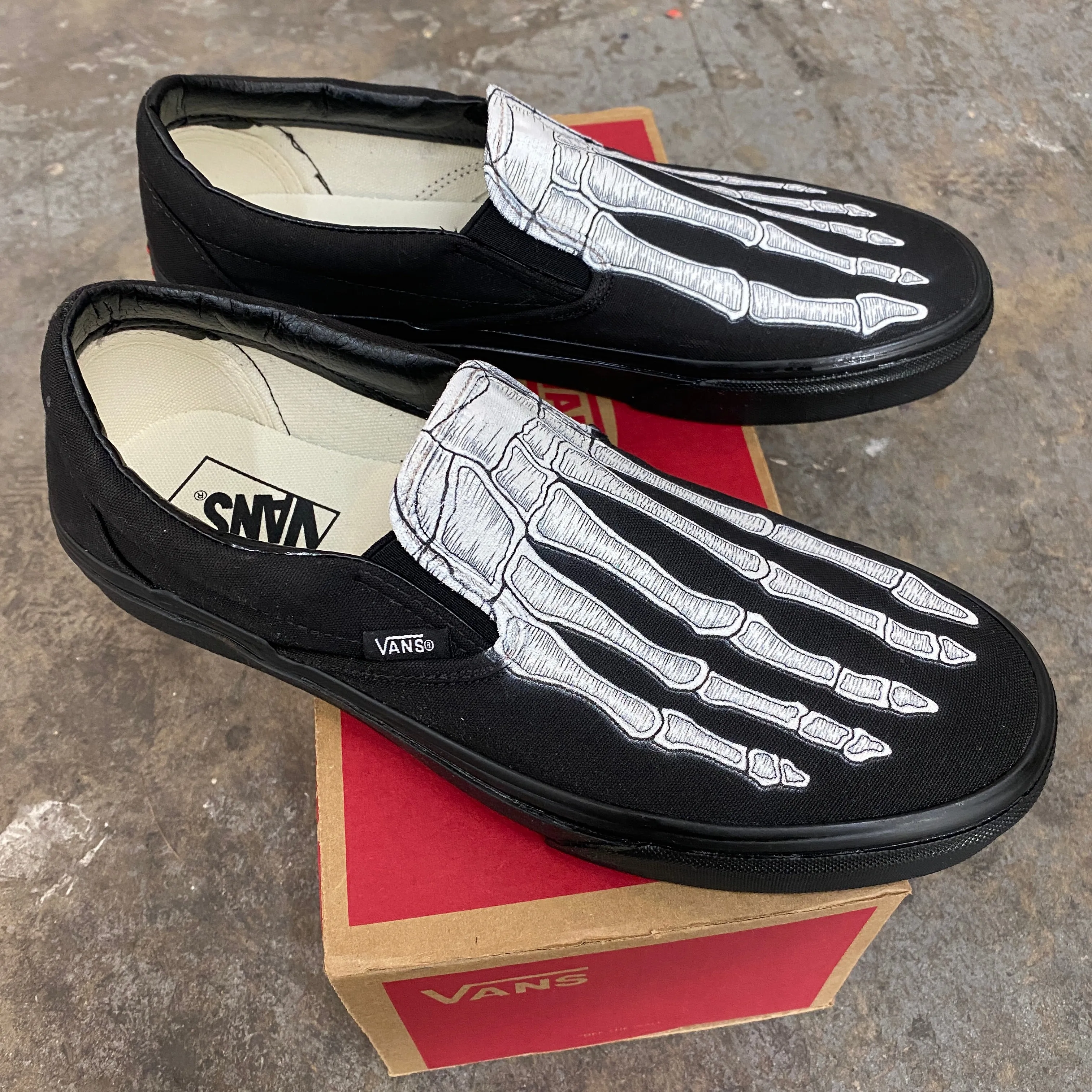 Custom Skeleton Feet X-Ray Vans ALL BLACK Slip Ons - Custom Vans Shoes