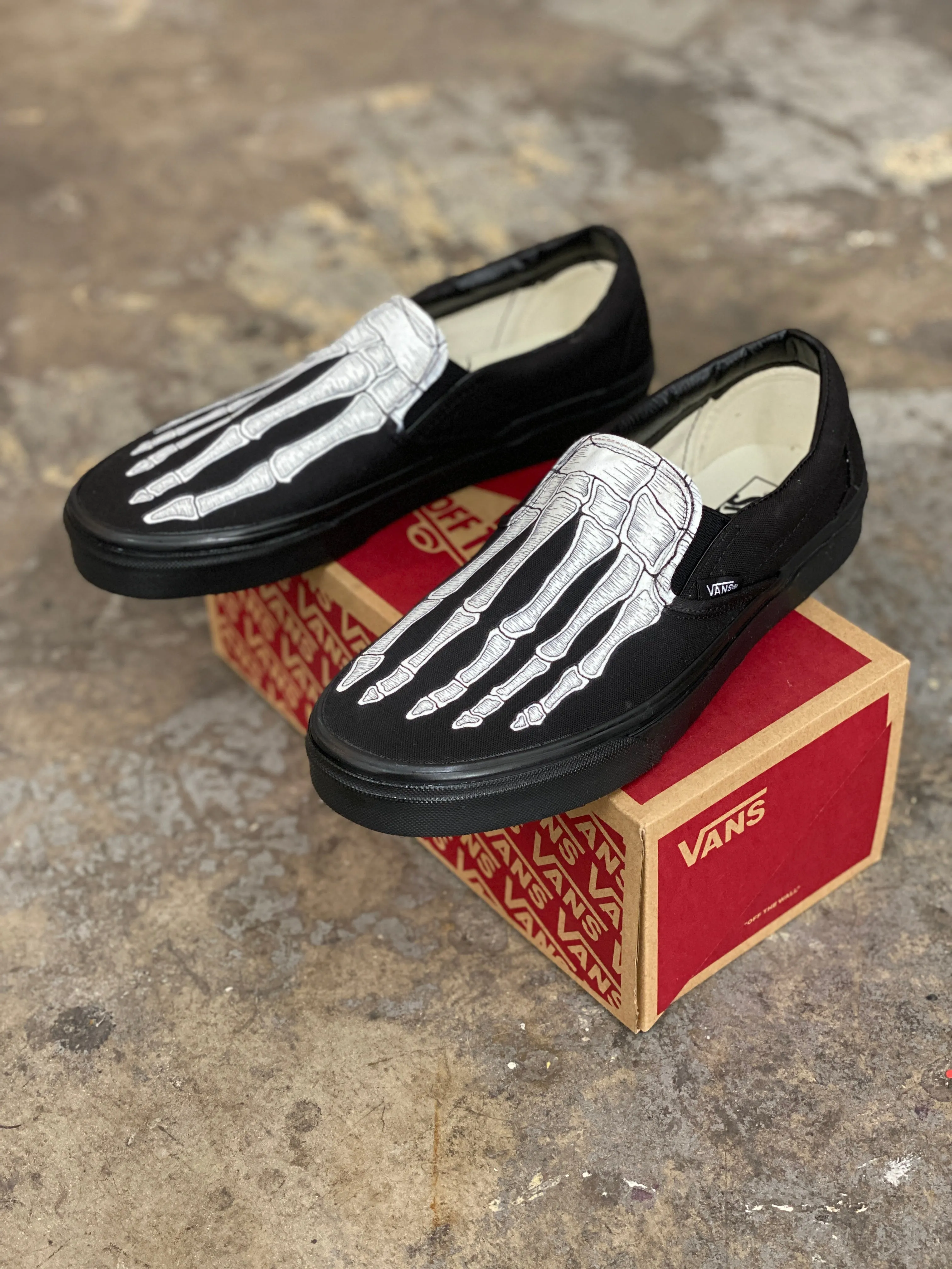 Custom Skeleton Feet X-Ray Vans ALL BLACK Slip Ons - Custom Vans Shoes