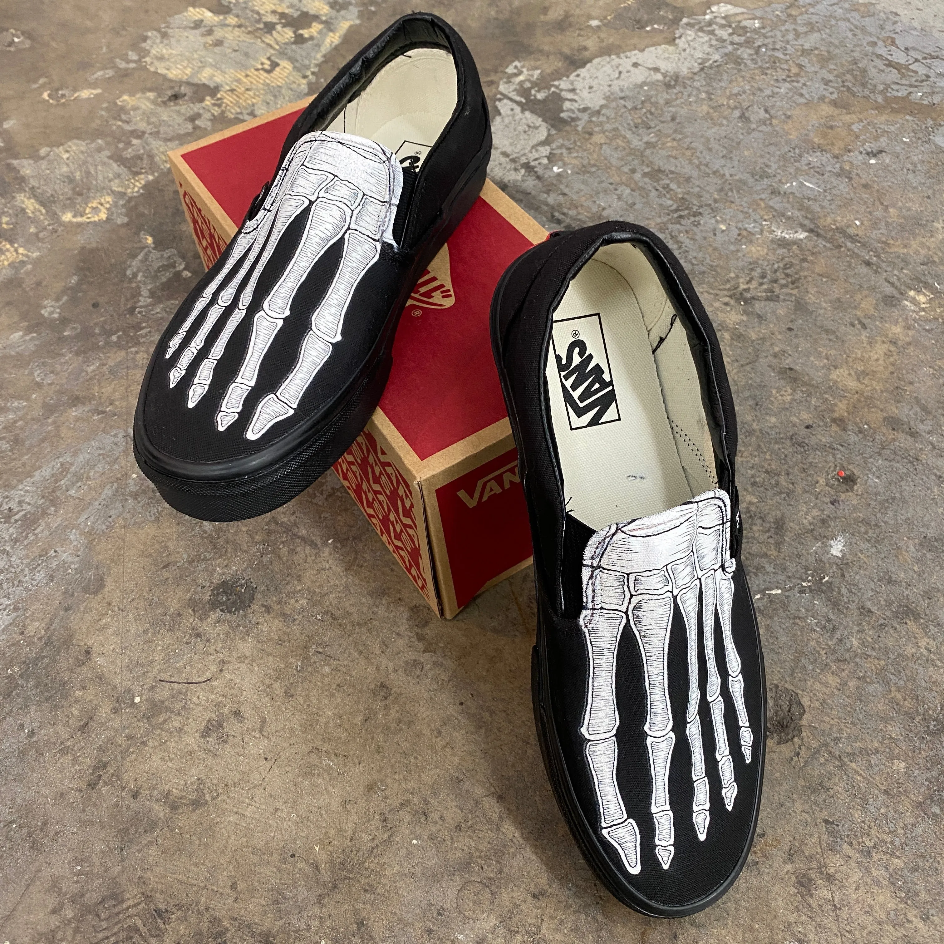 Custom Skeleton Feet X-Ray Vans ALL BLACK Slip Ons - Custom Vans Shoes