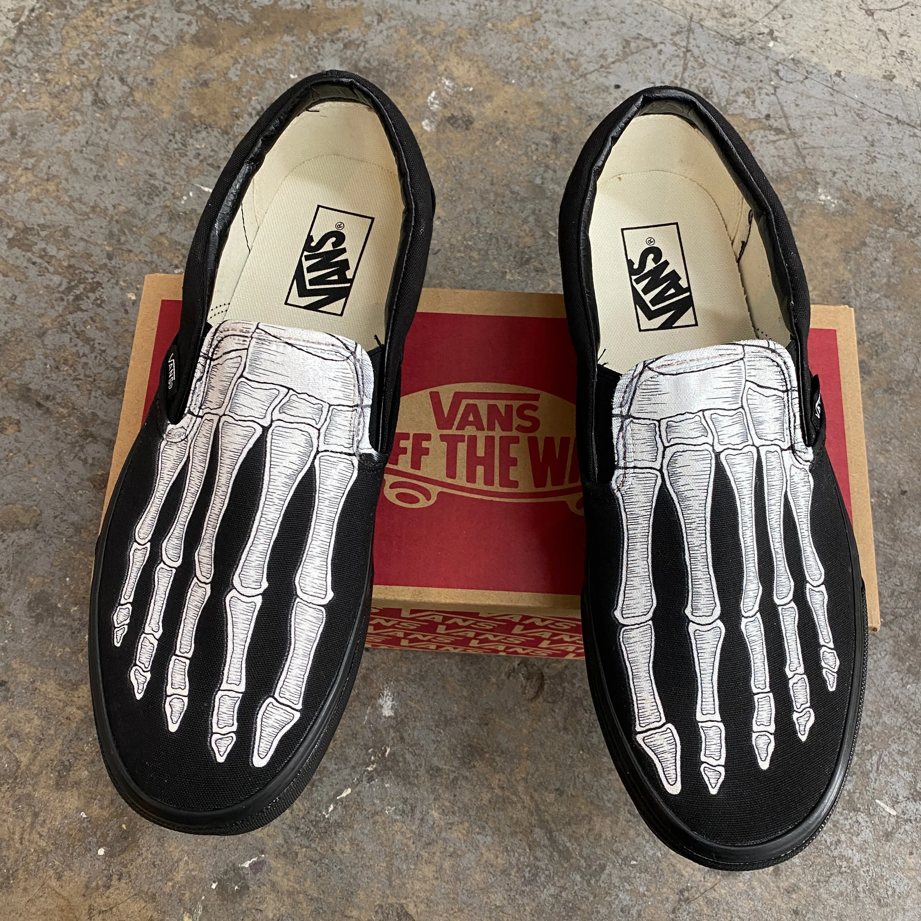 Custom Skeleton Feet X-Ray Vans ALL BLACK Slip Ons - Custom Vans Shoes