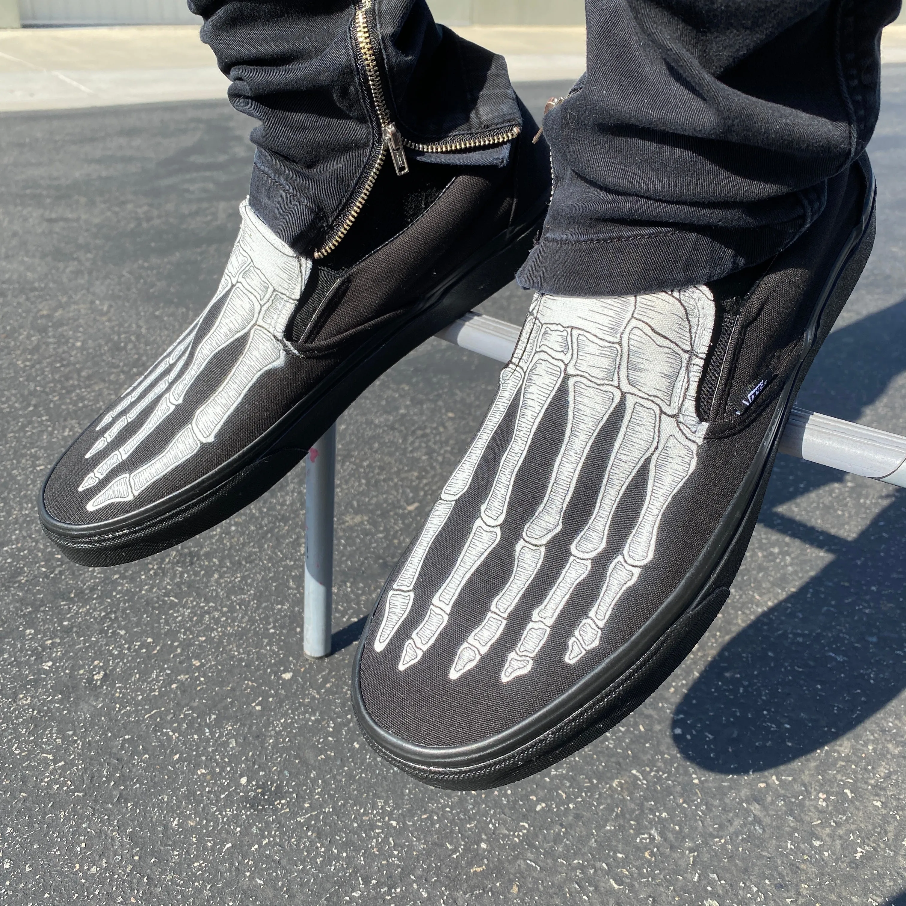 Custom Skeleton Feet X-Ray Vans ALL BLACK Slip Ons - Custom Vans Shoes