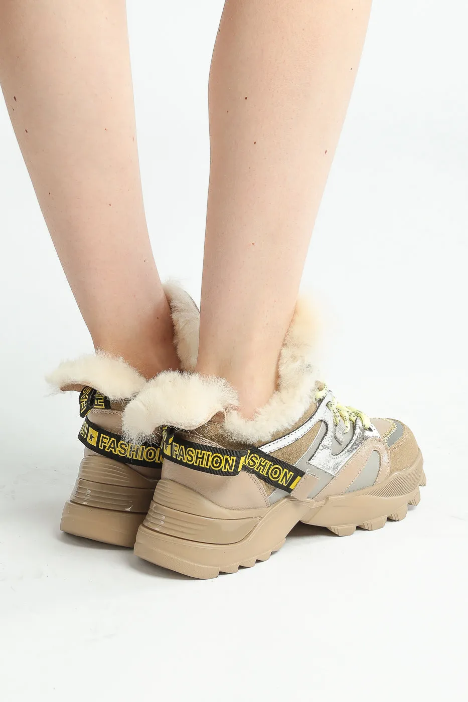 Faux Fur Lined Chunky Sneakers - Beige