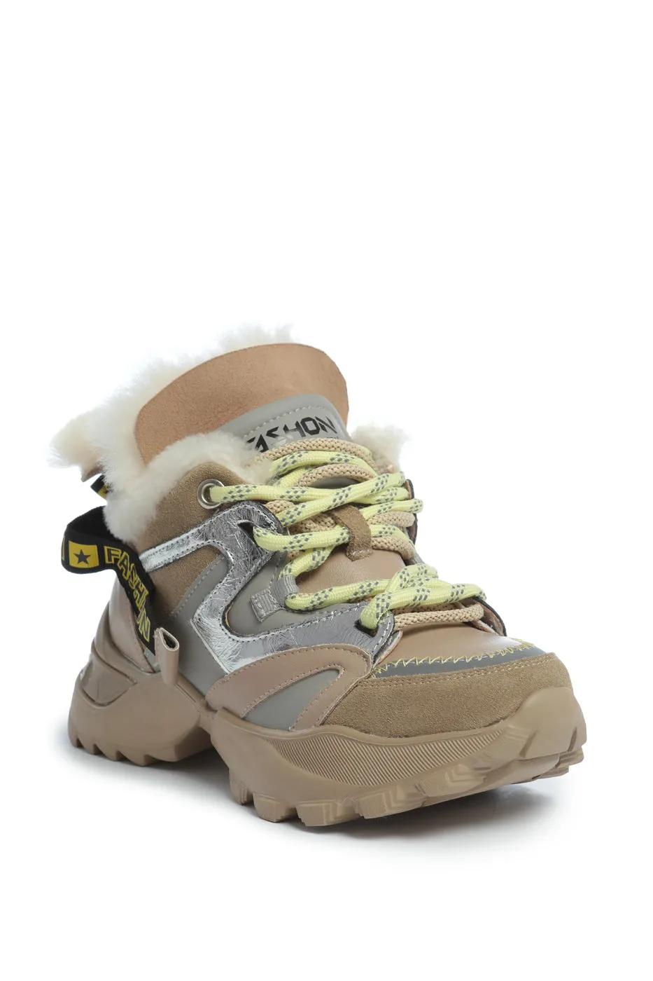 Faux Fur Lined Chunky Sneakers - Beige