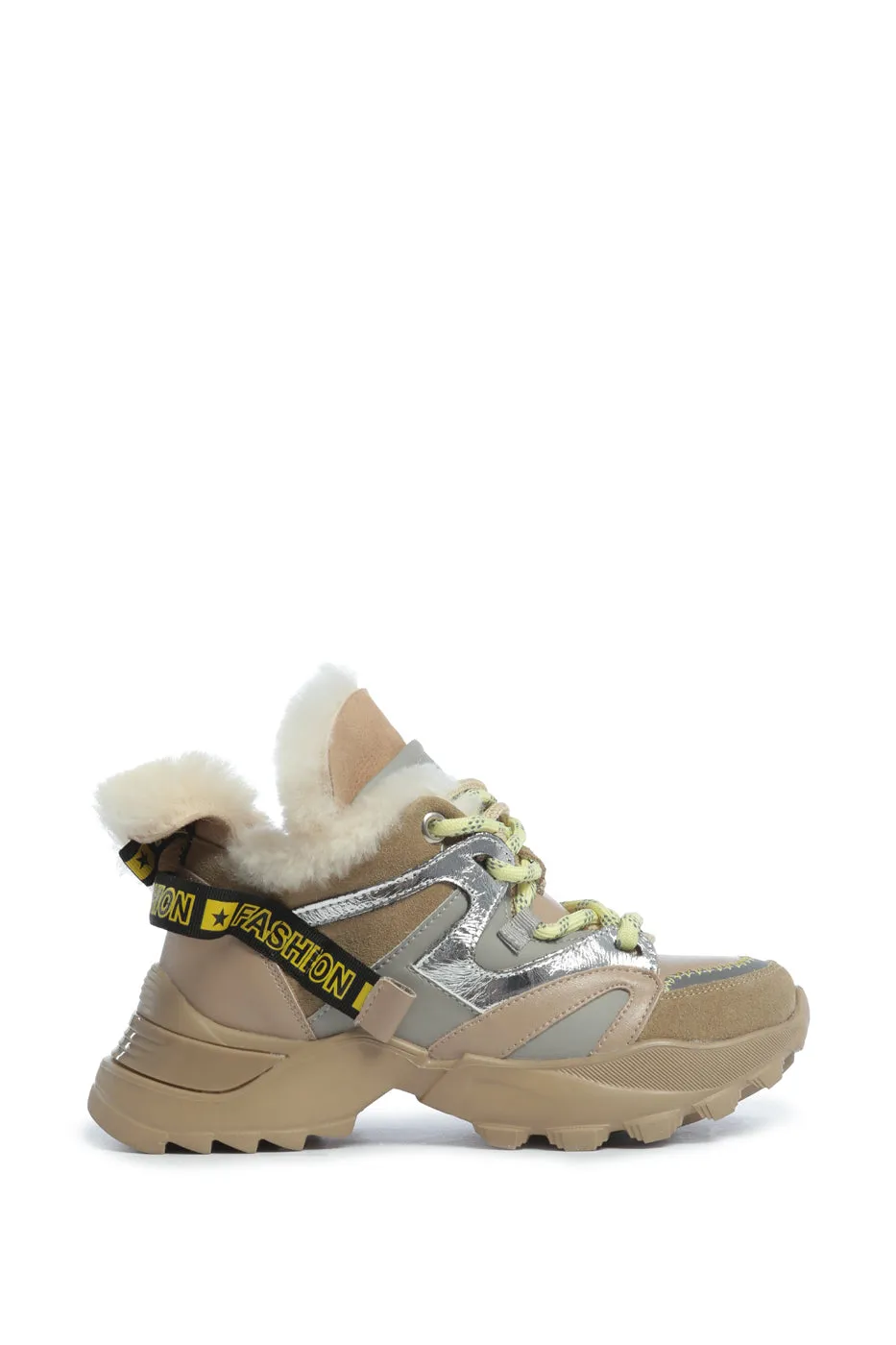 Faux Fur Lined Chunky Sneakers - Beige