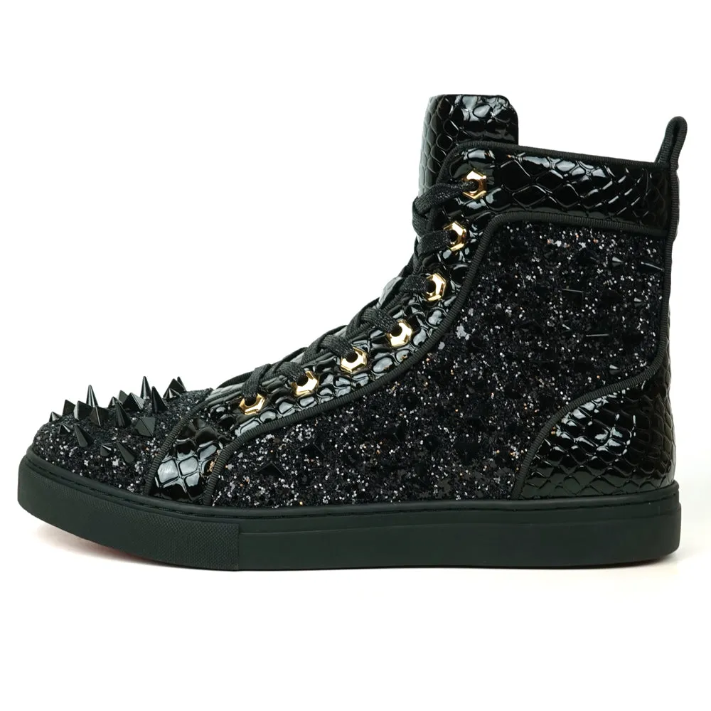 Fiesso Black Spiked Crystal High Top Sneakers