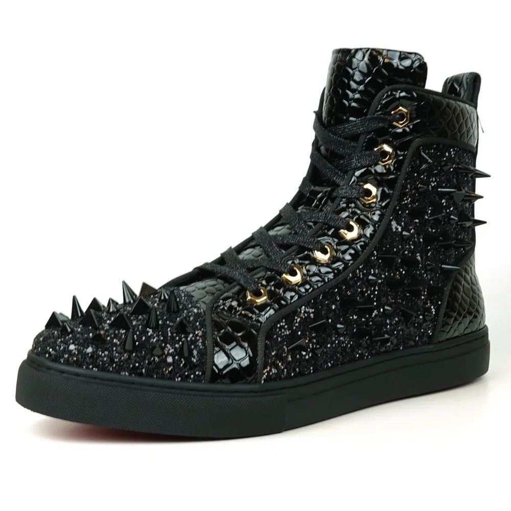 Fiesso Black Spiked Crystal High Top Sneakers