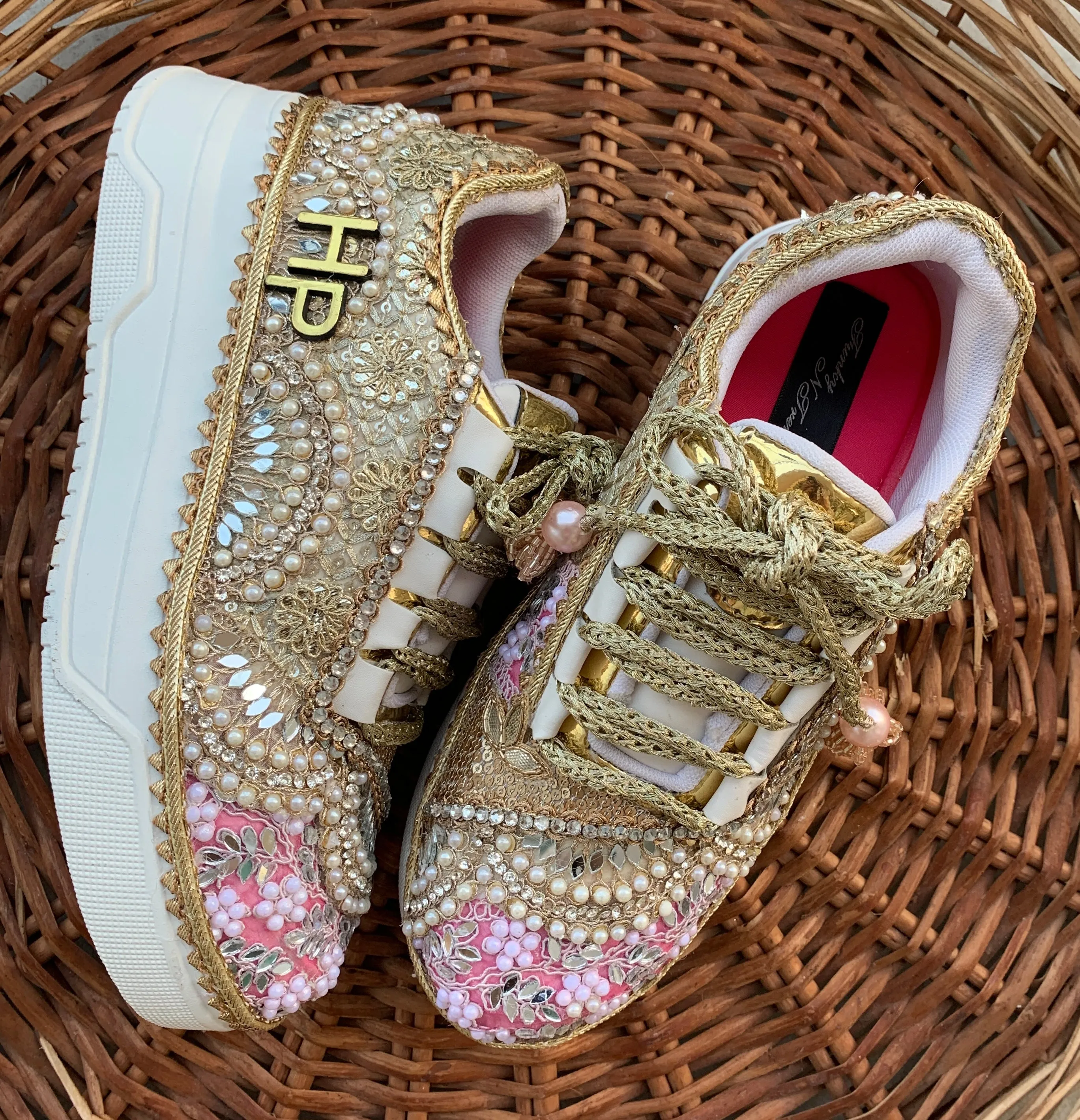 FUNKY N TRENDY baby pink and gold sneakers for brides / bridesmaids/ pink sneakers / baby pink sneakers / bridal sneakers / bridesmaid sneakers/ golden hand work sneakers/ pink shoes with custom name initials