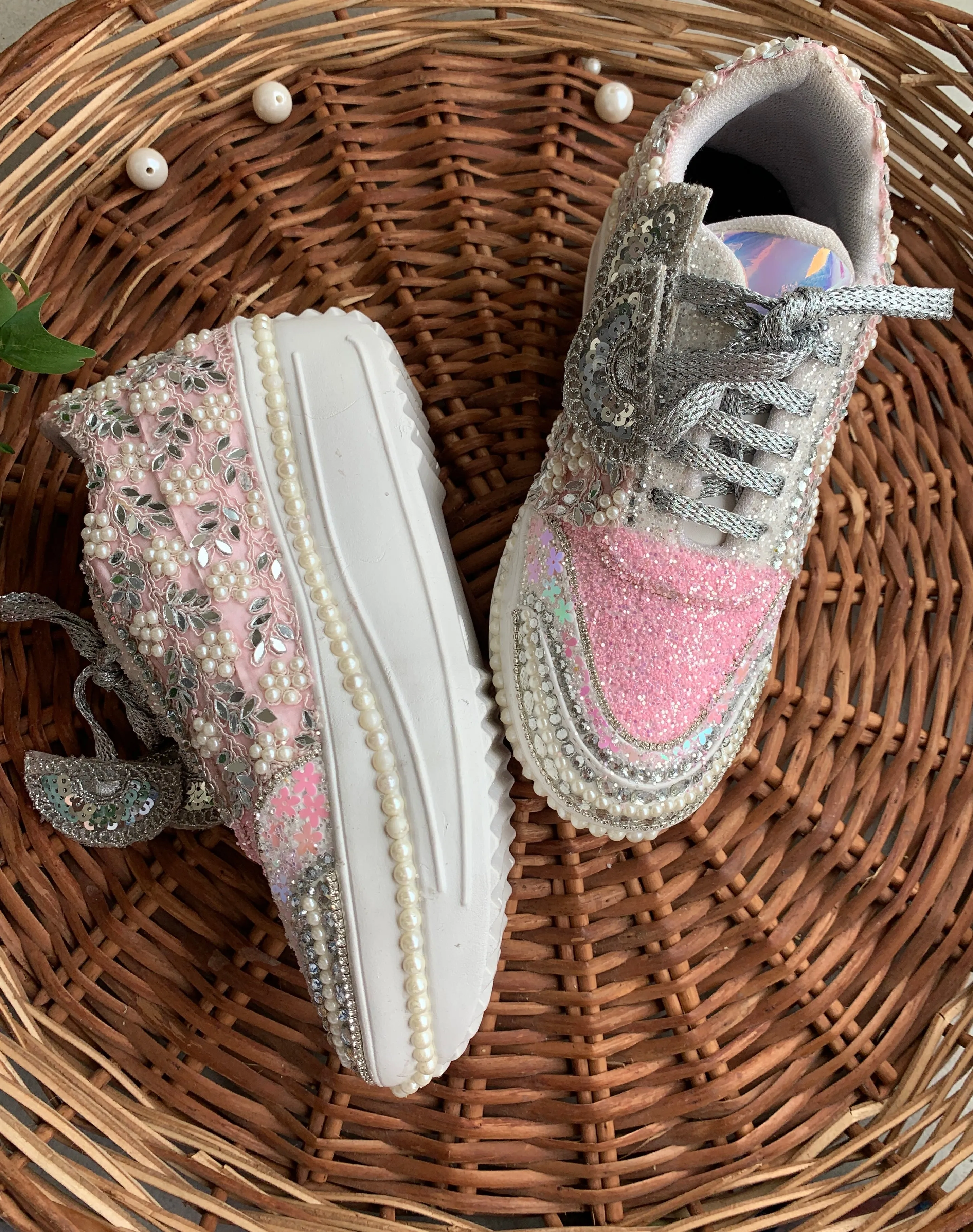 FUNKY N TRENDY floral theme hand work sneakers for brides / bridesmaids/ pink sneakers / mirror sneakers / pink shoes / pink and silver sneakers