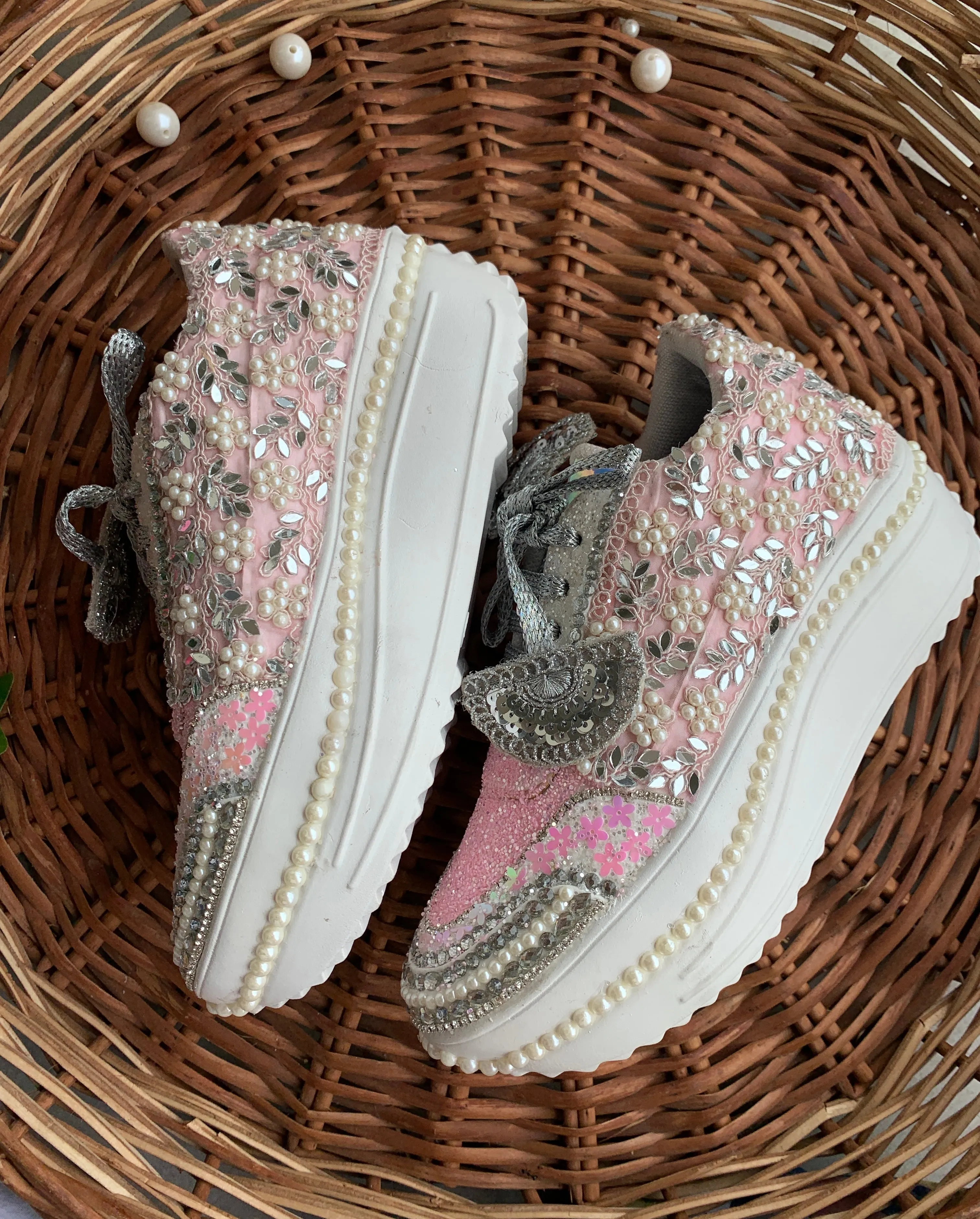 FUNKY N TRENDY floral theme hand work sneakers for brides / bridesmaids/ pink sneakers / mirror sneakers / pink shoes / pink and silver sneakers