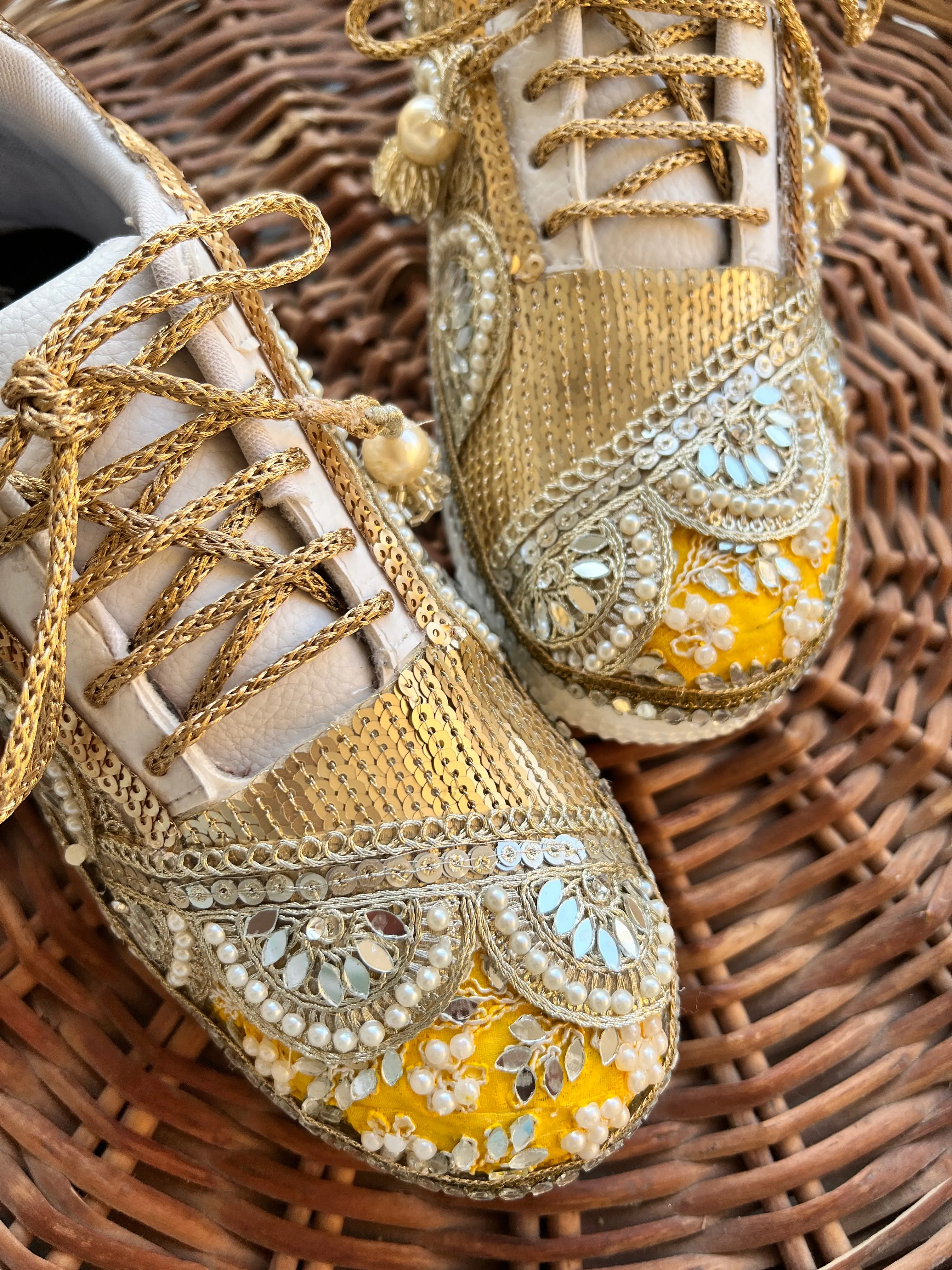 FUNKY N TRENDY gold and yellow sneakers for brides / yellow sneakers for bridesmaids/ gold sneakers / bridal sneakers / bridesmaid sneakers/ golden hand work sneakers/ yellow shoes / haldi sneakers