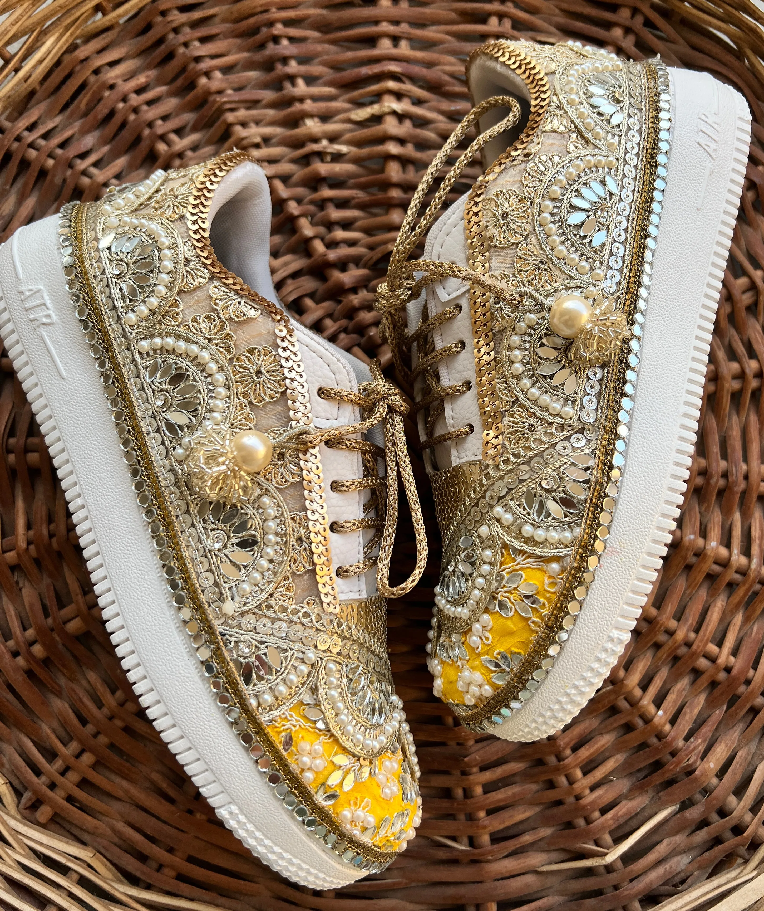 FUNKY N TRENDY gold and yellow sneakers for brides / yellow sneakers for bridesmaids/ gold sneakers / bridal sneakers / bridesmaid sneakers/ golden hand work sneakers/ yellow shoes / haldi sneakers