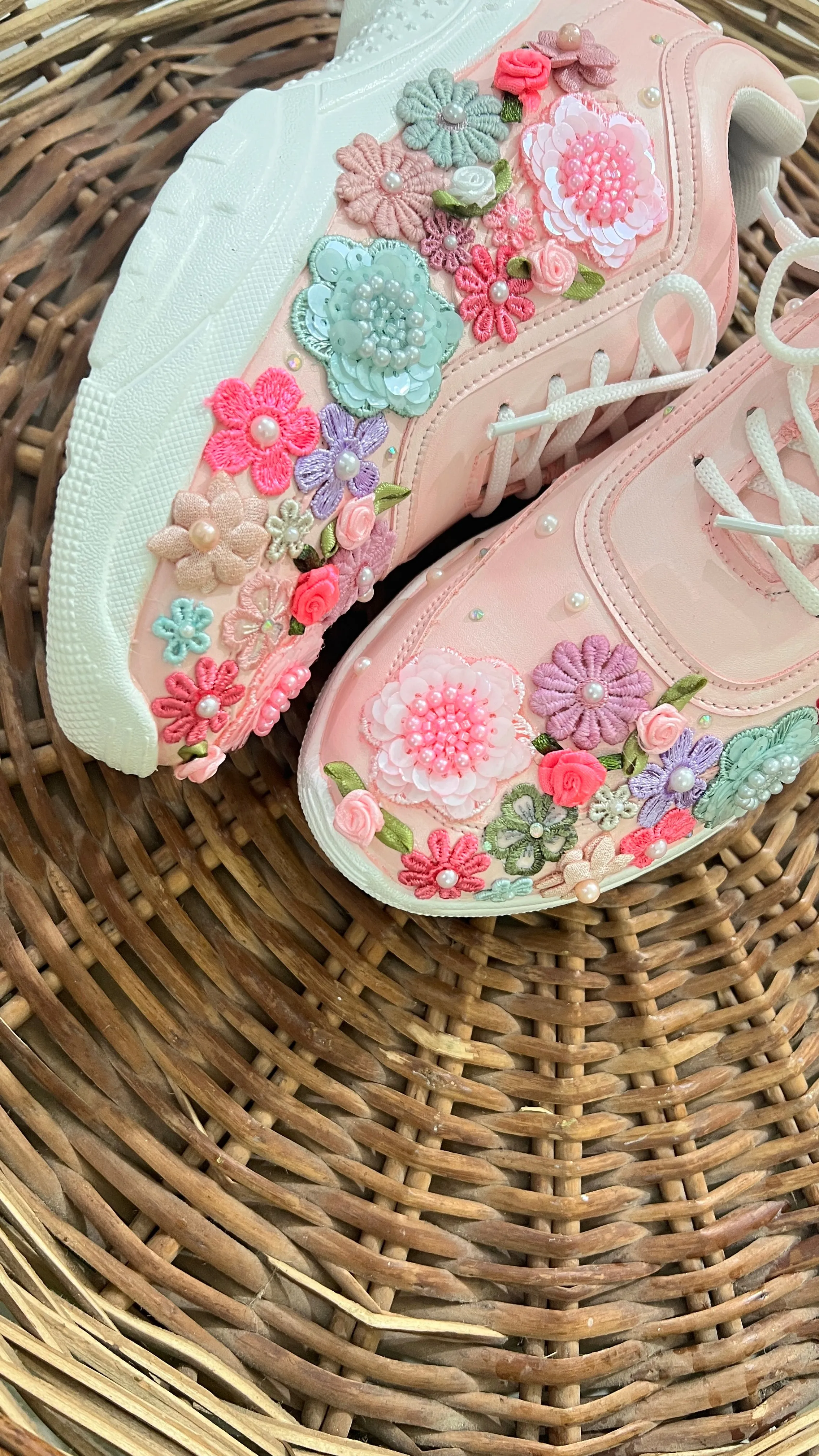 FUNKY N TRENDY hand embroidered floral work sneakers/ soft peach sneakers /bridal shoes / bridal sneakers / floral sneakers/flower shoes /bridesmaid sneakers/ pink shoes / pink sneakers/ peach sneakers