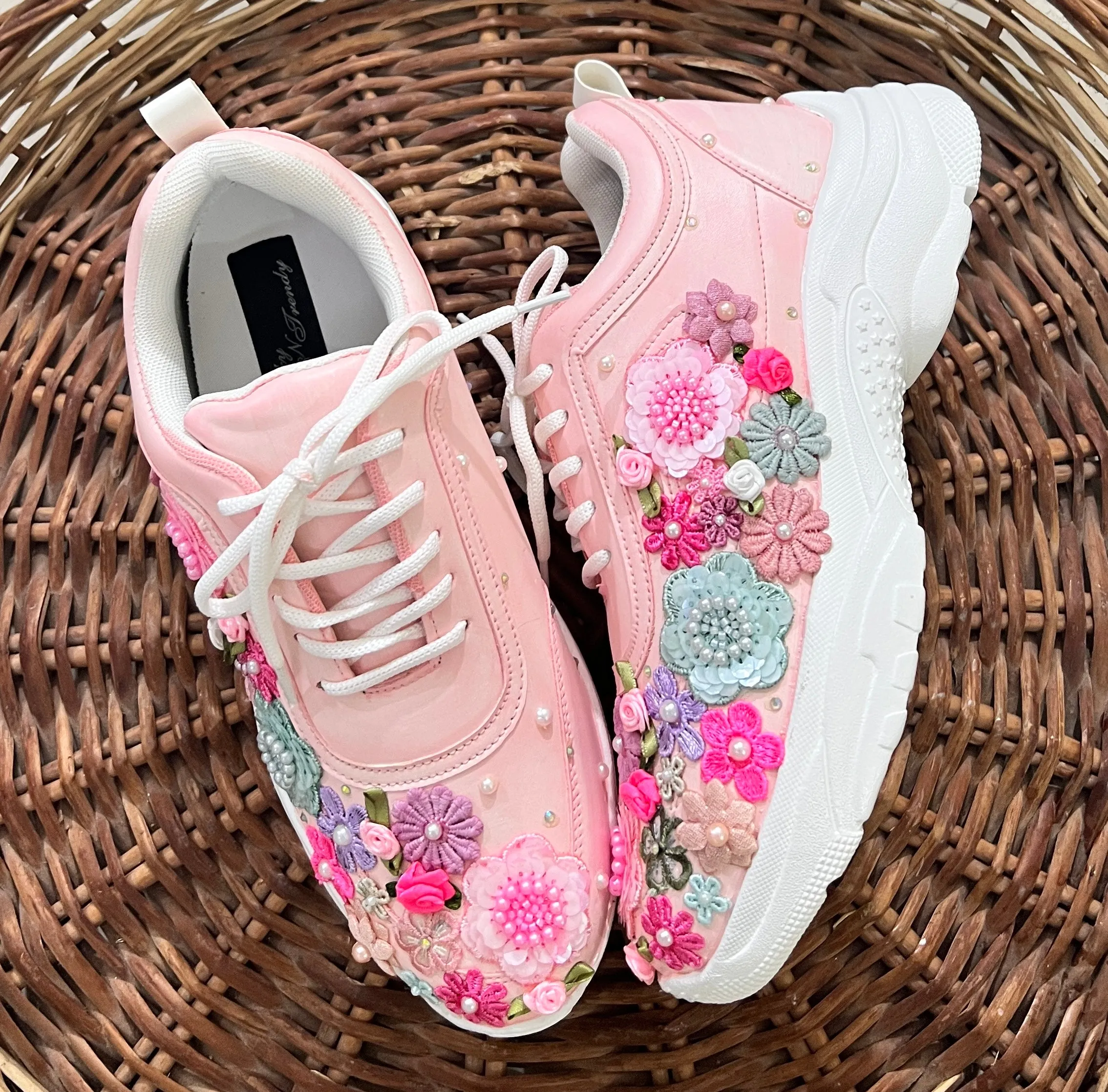 FUNKY N TRENDY hand embroidered floral work sneakers/ soft peach sneakers /bridal shoes / bridal sneakers / floral sneakers/flower shoes /bridesmaid sneakers/ pink shoes / pink sneakers/ peach sneakers