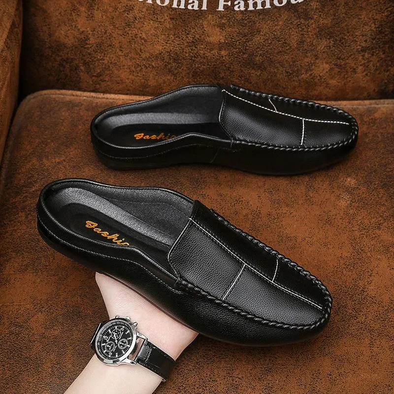 Half-wrapped Men's Loafers Slip-on Closed Toe Without Heel Leather Shoes