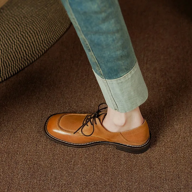 Handmade Calfskin Lace Up Oxfords For Women In Yellow Brown/Black