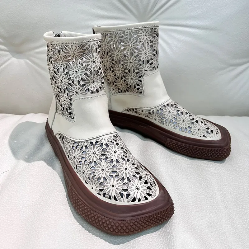 Handmade Genuine Leather Summer Boots Cut Out Breathable Zip Short Boots Beige/Coffee