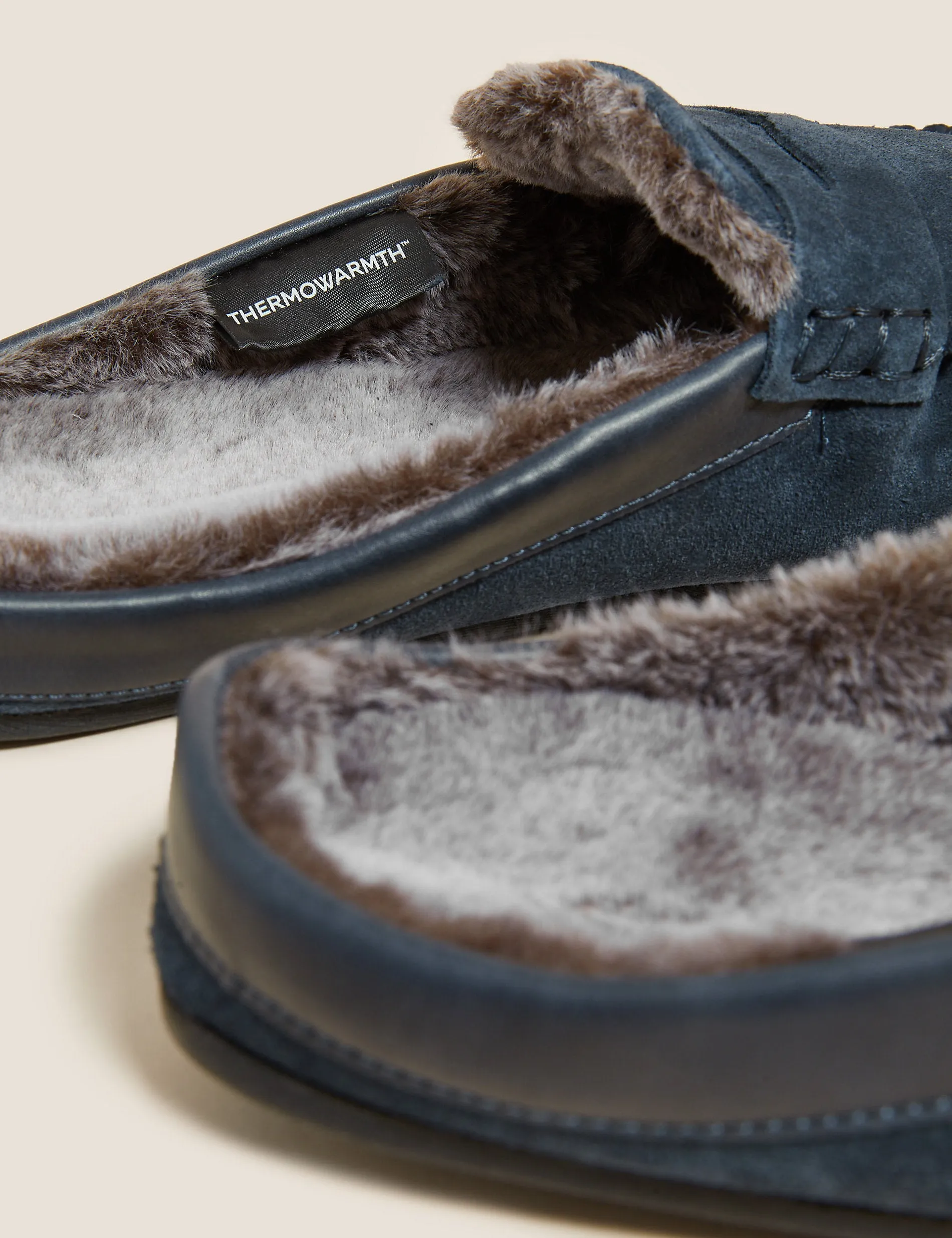 Marks & Spencer Fleece Lined Suede Moccasin Mules, Navy