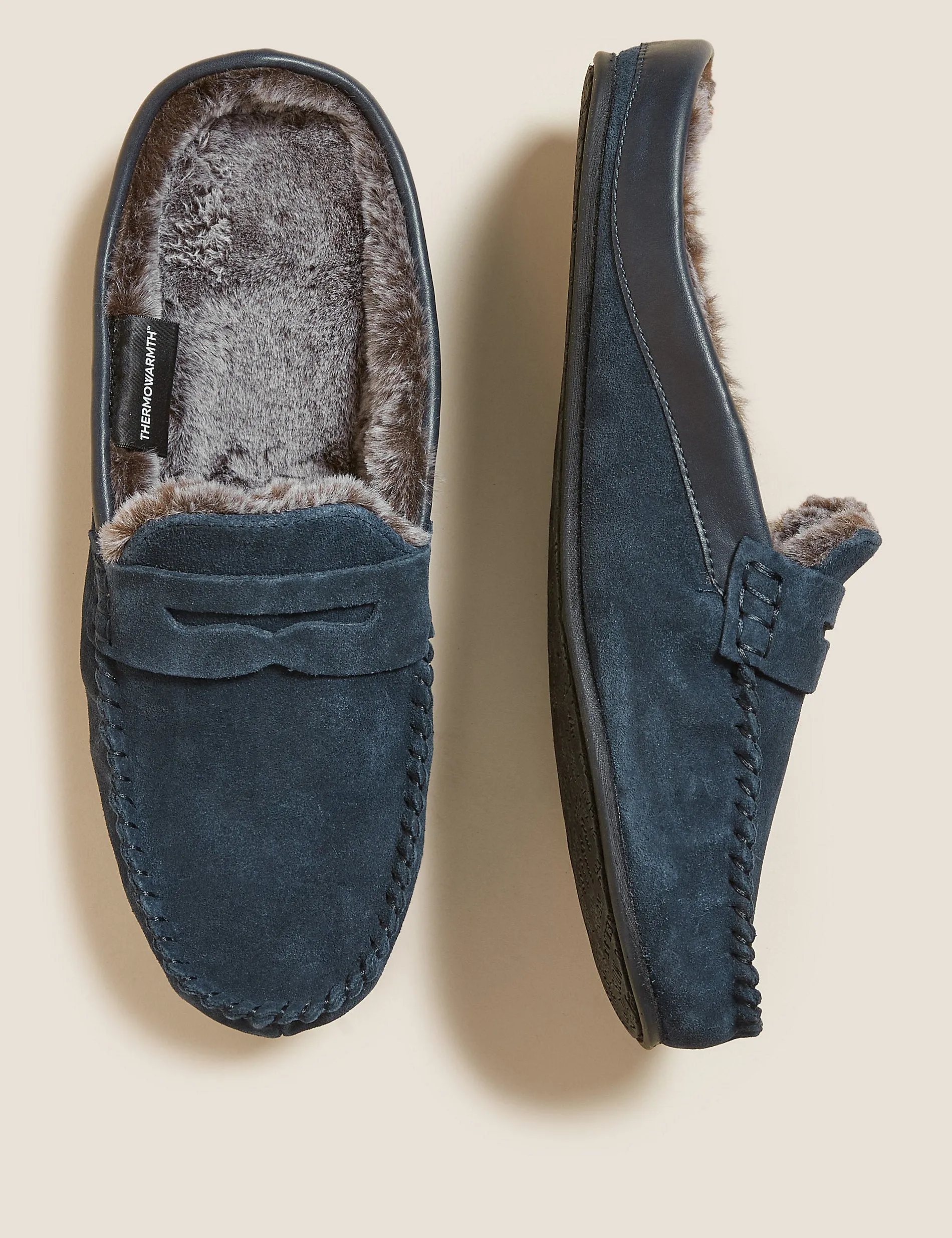 Marks & Spencer Fleece Lined Suede Moccasin Mules, Navy