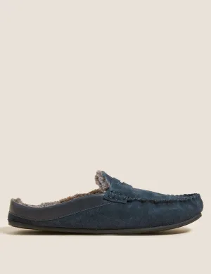 Marks & Spencer Fleece Lined Suede Moccasin Mules, Navy