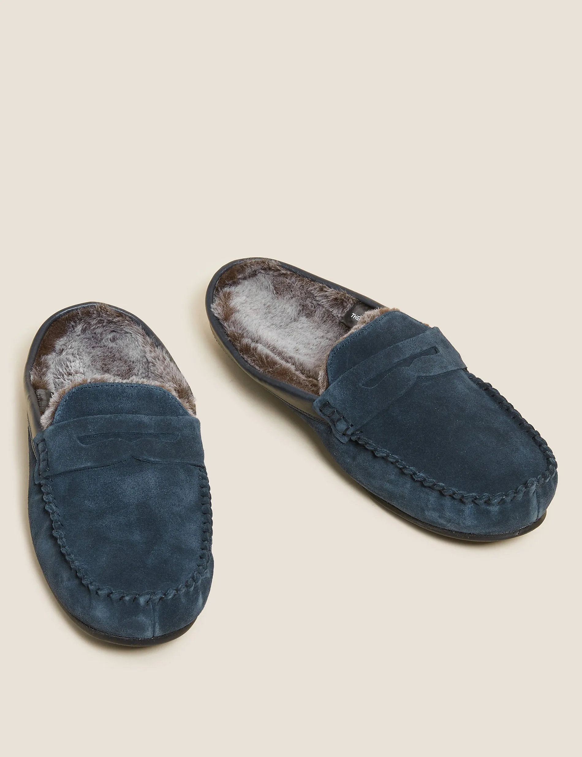 Marks & Spencer Fleece Lined Suede Moccasin Mules, Navy