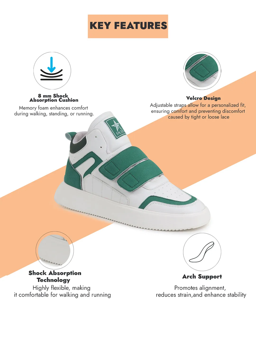 Men Green Colorblocked High Top Velcro Adjustable Classic Sneakers|Memory Cushion Insole|Street Fashion Hi-Top Sneakers