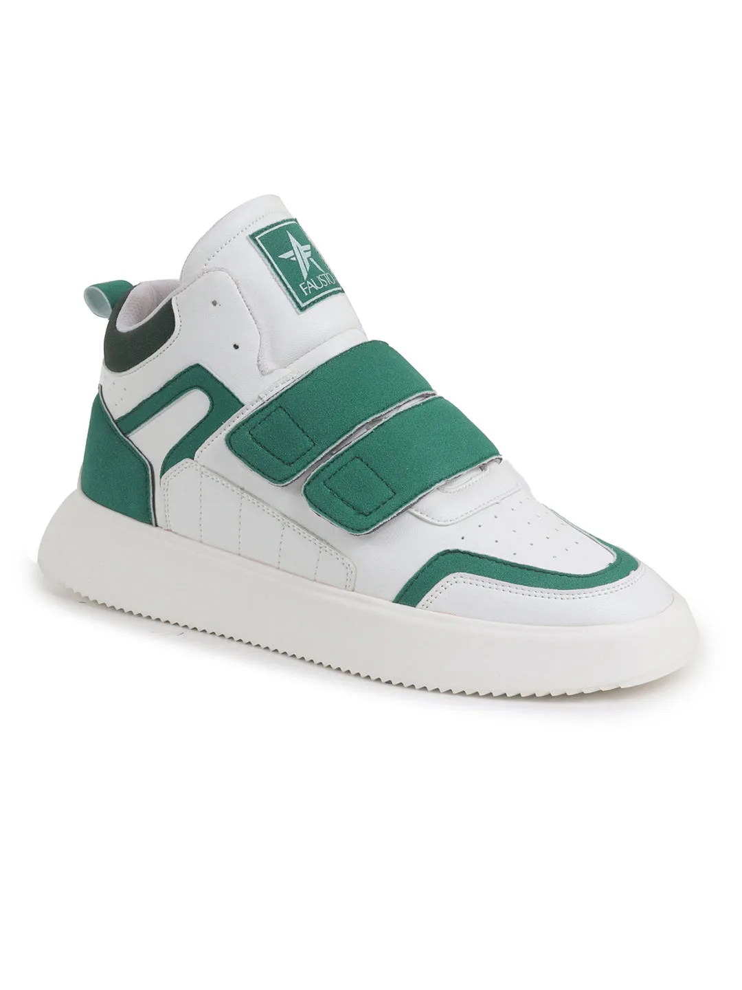 Men Green Colorblocked High Top Velcro Adjustable Classic Sneakers|Memory Cushion Insole|Street Fashion Hi-Top Sneakers