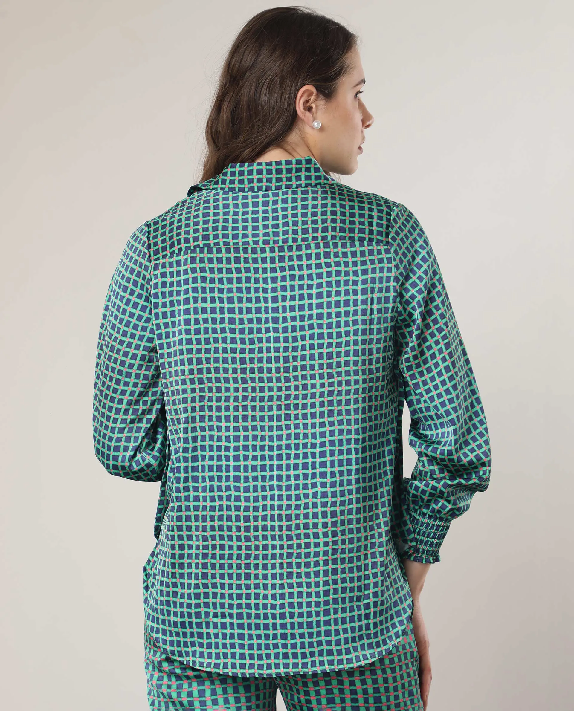 Rareism Women Emileo Green Polyester Fabric Full Sleeves Button Closure Shirt Collar Relaxed Fit Geometric Print Top