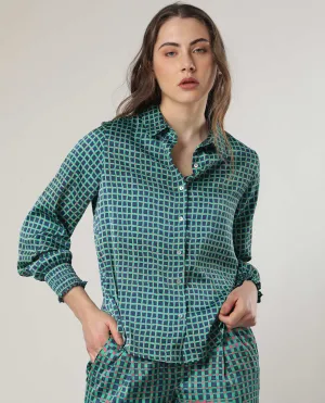 Rareism Women Emileo Green Polyester Fabric Full Sleeves Button Closure Shirt Collar Relaxed Fit Geometric Print Top