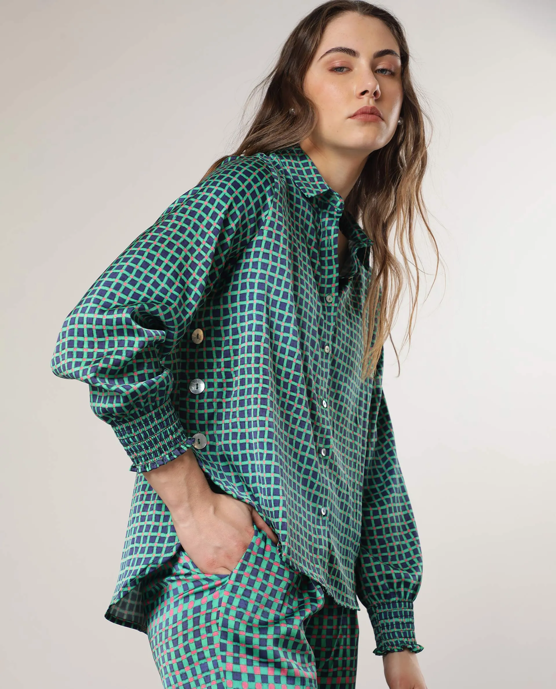 Rareism Women Emileo Green Polyester Fabric Full Sleeves Button Closure Shirt Collar Relaxed Fit Geometric Print Top