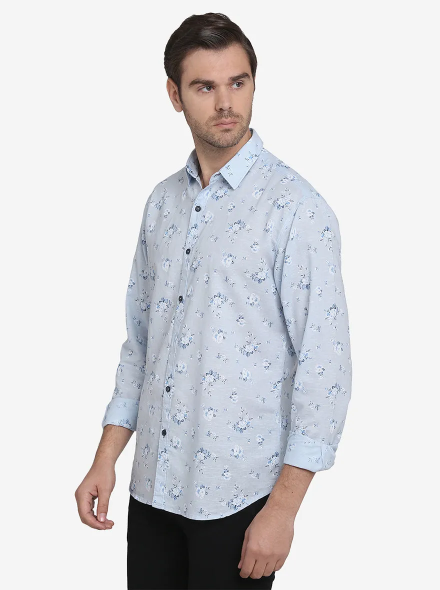 Sky Blue Printed Slim Fit Casual Shirt | Greenfibre