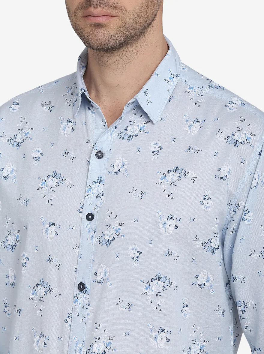 Sky Blue Printed Slim Fit Casual Shirt | Greenfibre