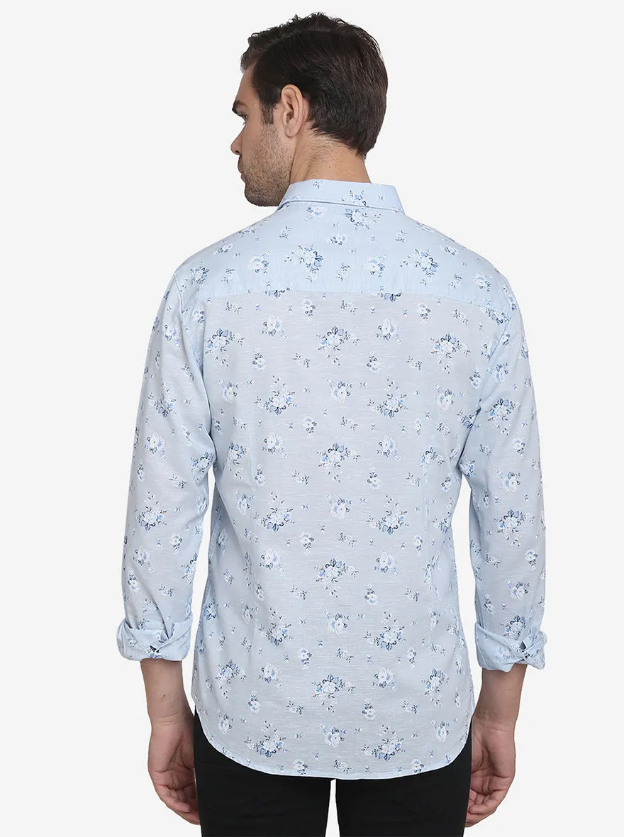 Sky Blue Printed Slim Fit Casual Shirt | Greenfibre