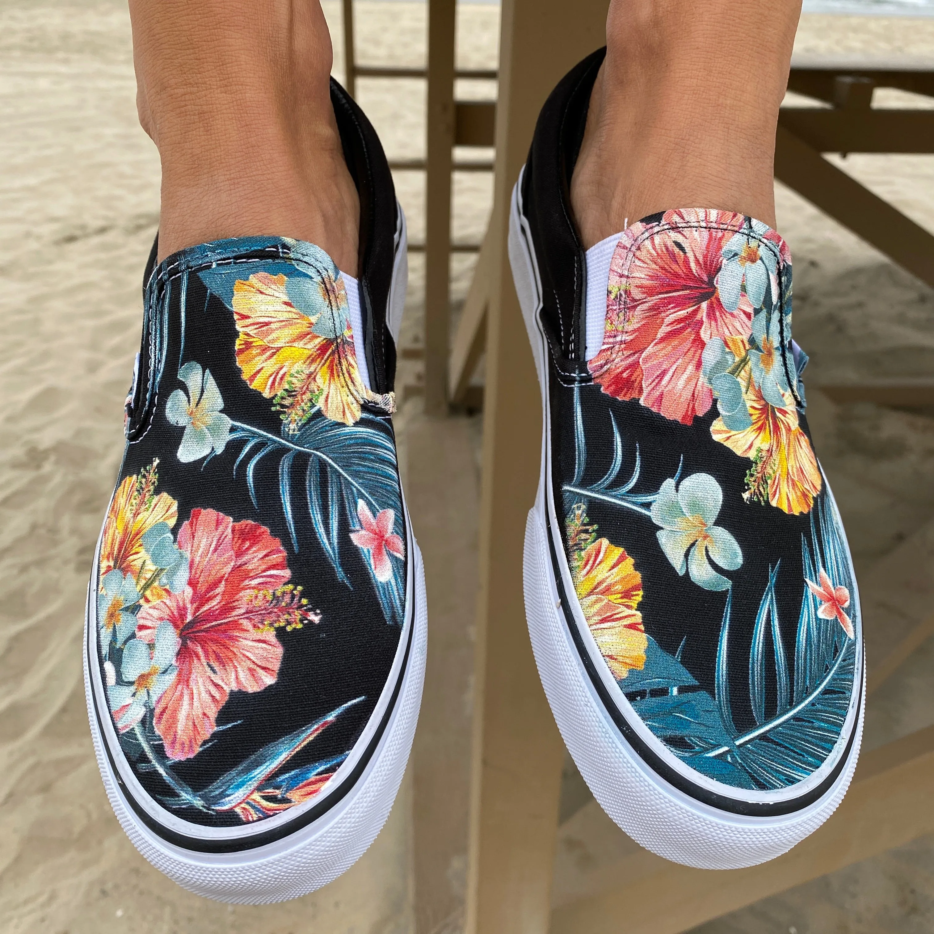 Tropical Hawaiian Pattern Black Slip On Vans Shoes