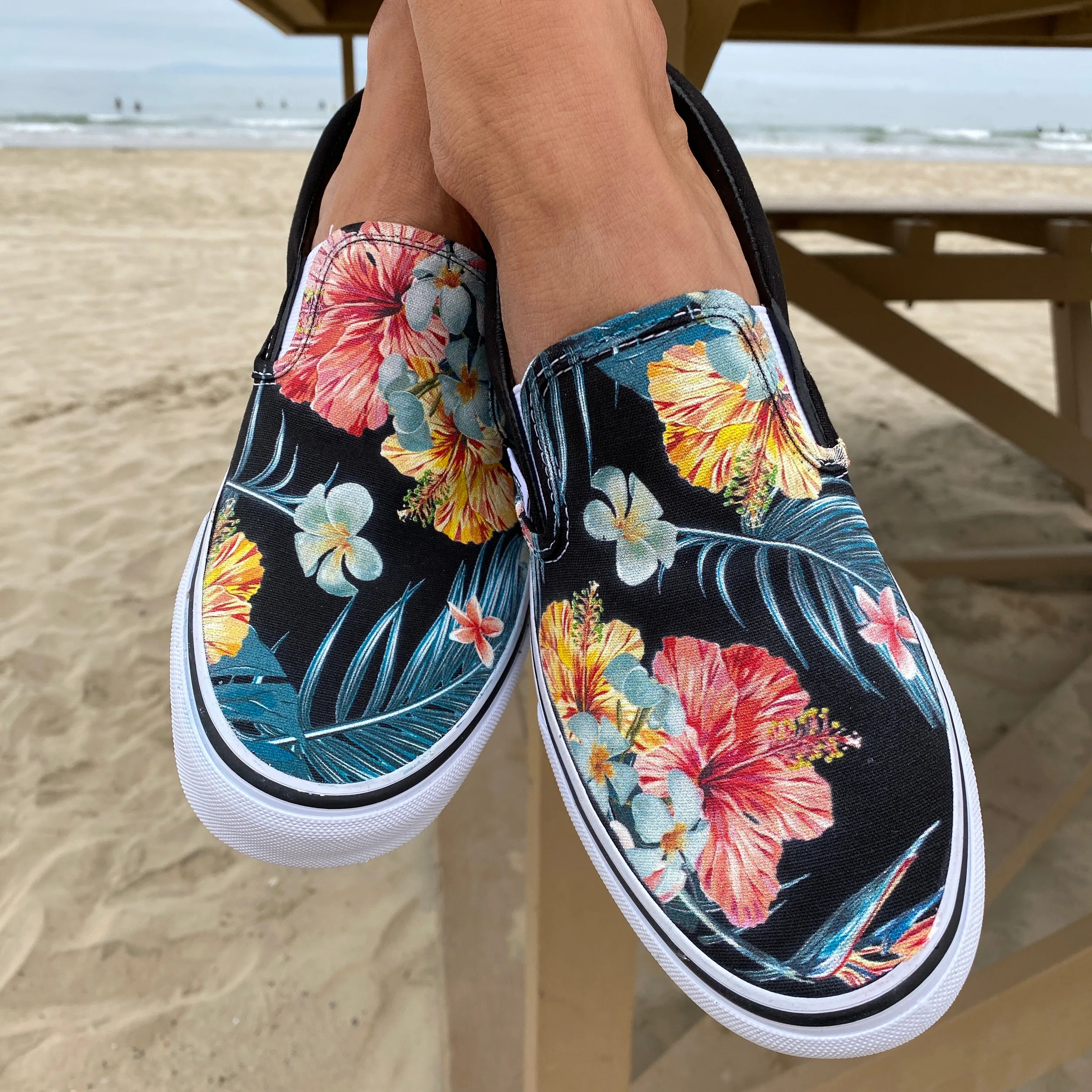 Tropical Hawaiian Pattern Black Slip On Vans Shoes