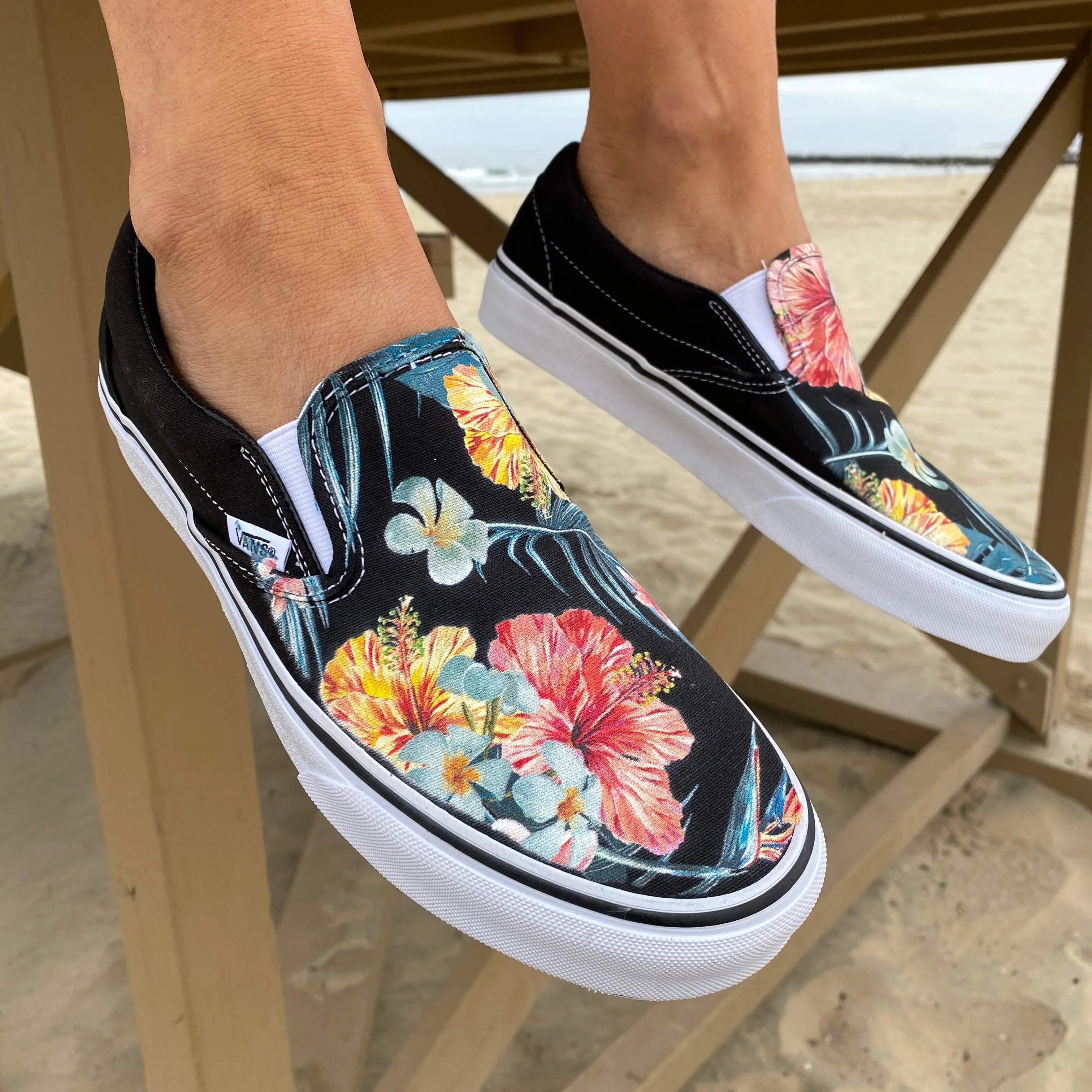 Tropical Hawaiian Pattern Black Slip On Vans Shoes