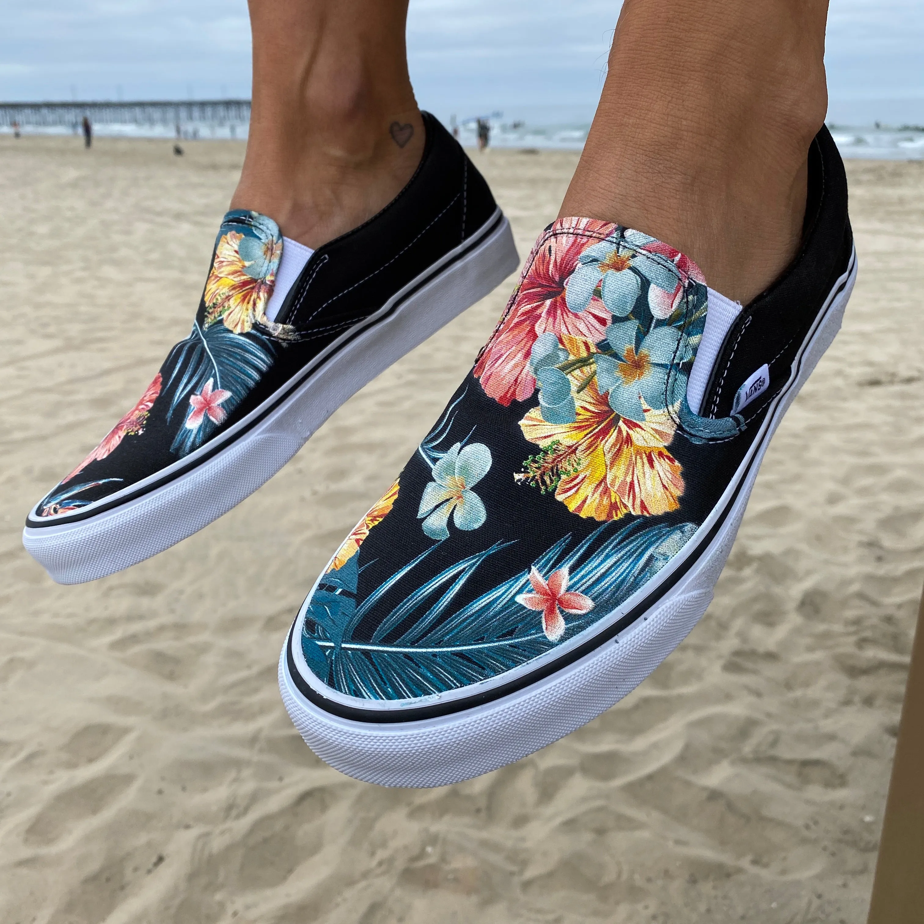 Tropical Hawaiian Pattern Black Slip On Vans Shoes