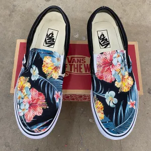 Tropical Hawaiian Pattern Black Slip On Vans Shoes