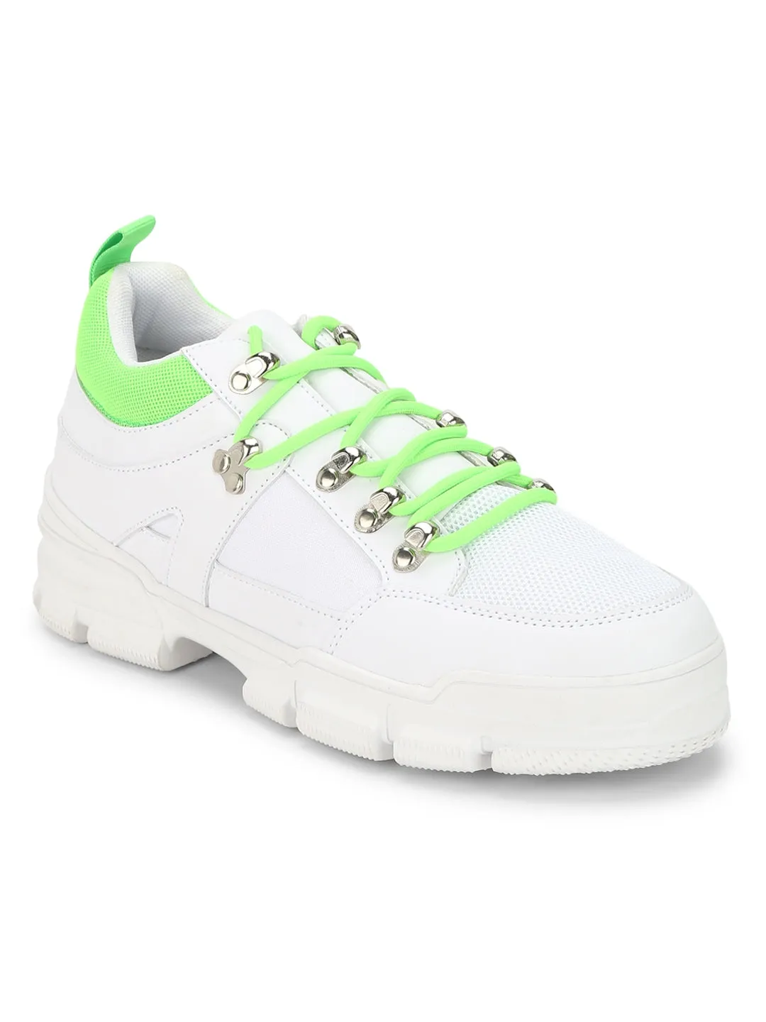 White PU Neon Lace-Up Men Sneakers