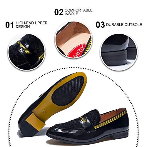 XQWFH Men's Fashion Formal Leather Loafers and Wedding Dress Shoes for Men with Yellow Plaid, Penny Slip-On Smoking Luxury Men Shoes (Black)